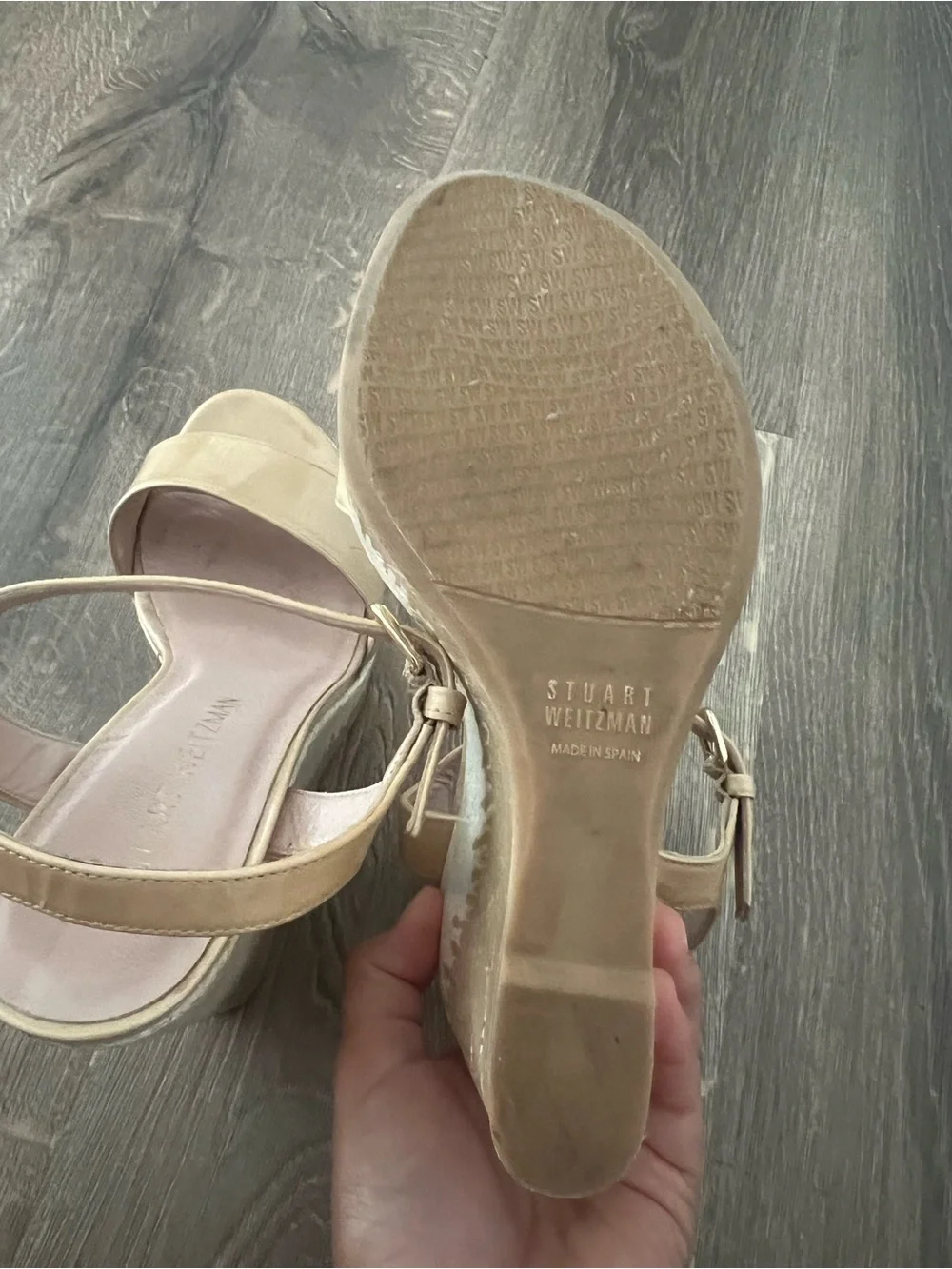 Stuart Weitzman Patent Tan Platform Wedge Sandals - Picture 8 of 13
